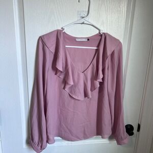 Three Eighty Two Womens Mauve Pink Ruffle V-Neck Long Sleeve Blouse Size XS NWOT